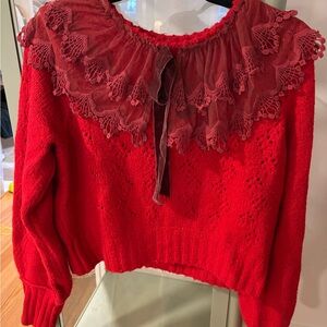 Free People Red Lace Trim Sweater